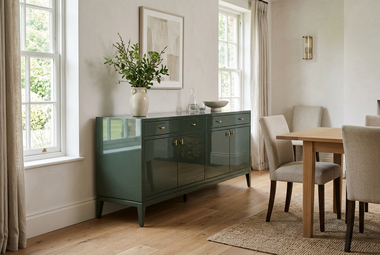 AI-generated dark green gloss sideboard inspiration, not a verified Helmi 80 application