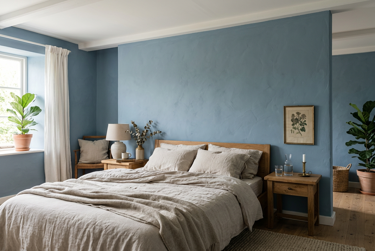 AI-generated bedroom inspiration with dusty blue matt walls and white ceiling