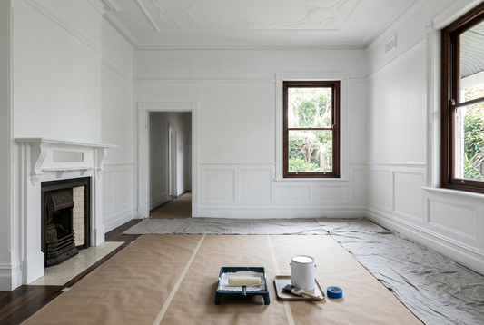 AI-generated preparation inspiration with white primed walls and ceiling ready for topcoat
