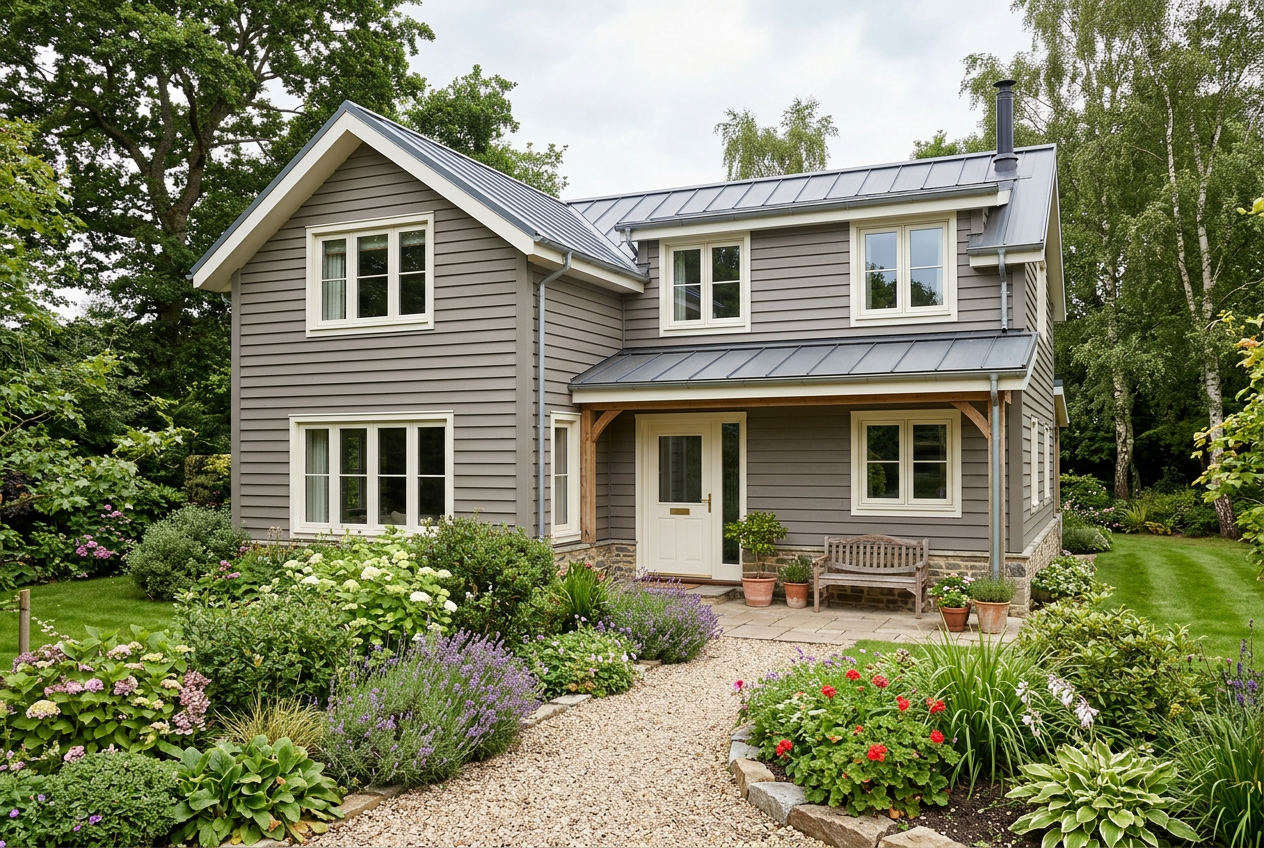 AI-generated cottage exterior inspiration with warm grey cladding and off-white trim