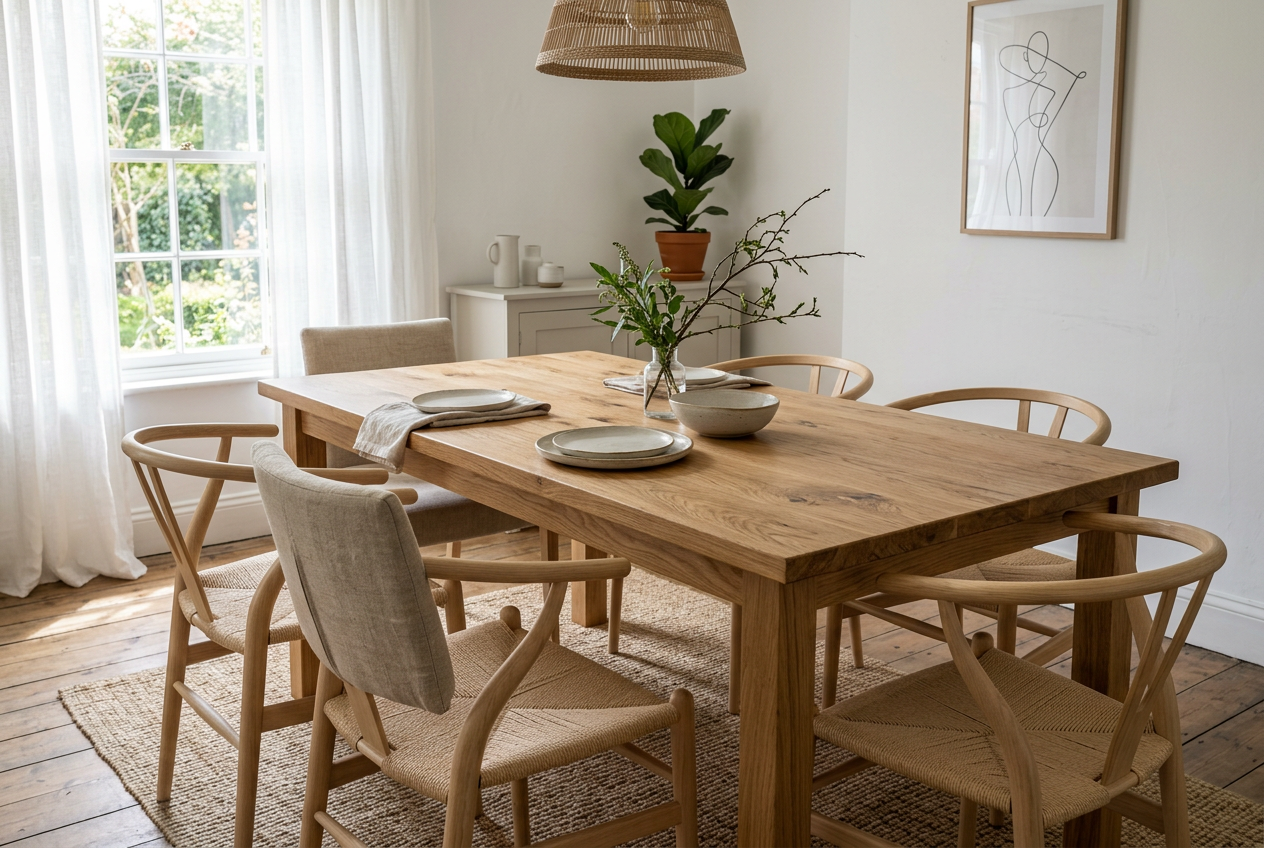 AI-generated semi-matt oak dining table inspiration, not a verified Unica Super 20 application or exact tinted shade