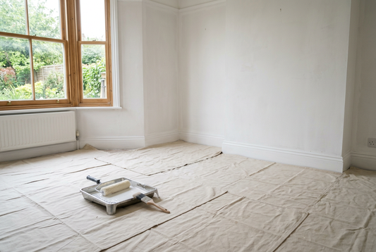 AI-generated decorating preparation inspiration with white primed walls and protected flooring
