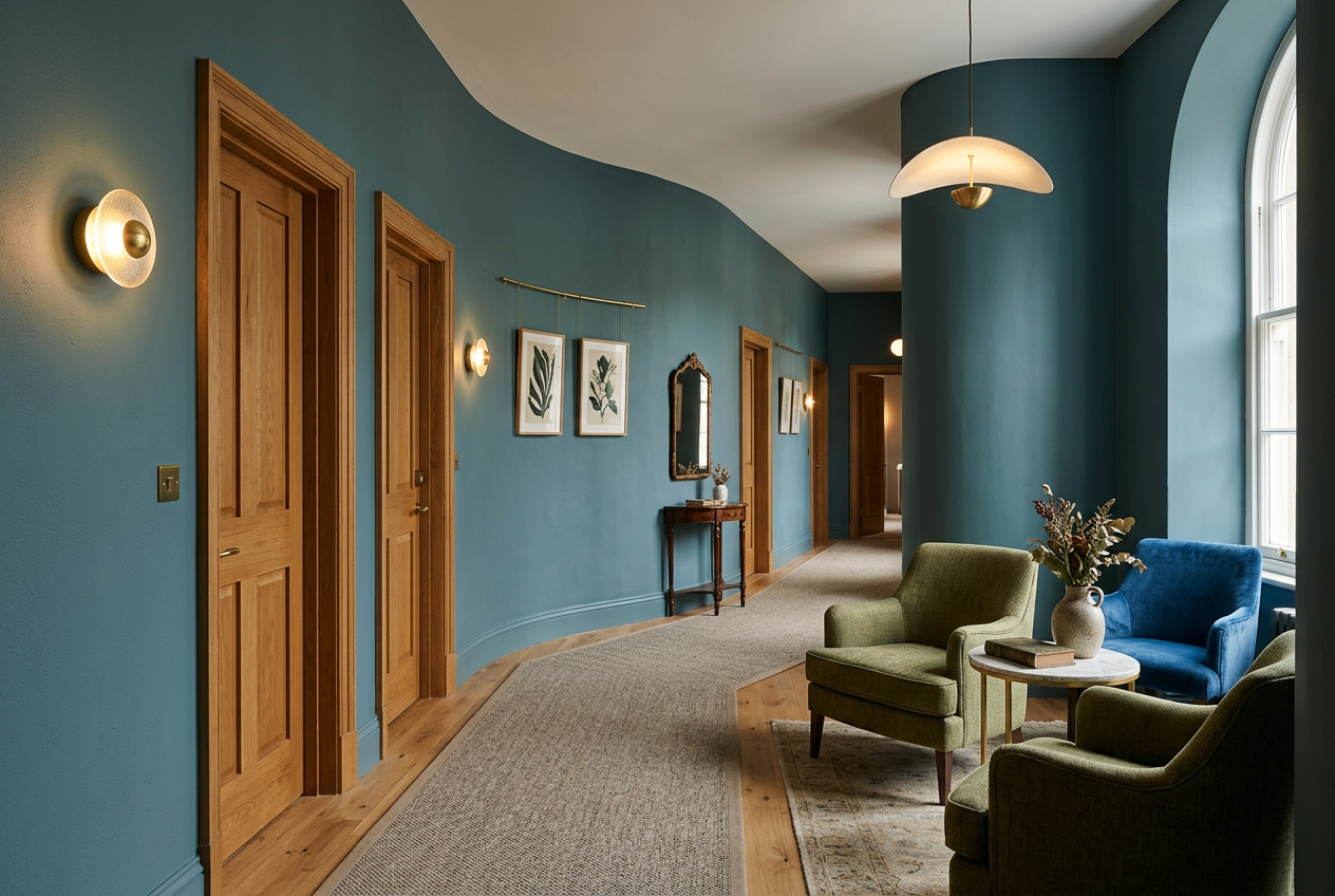 AI-generated boutique hotel interior inspiration with muted blue-green walls