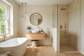 AI-generated bathroom inspiration with warm off-white painted walls
