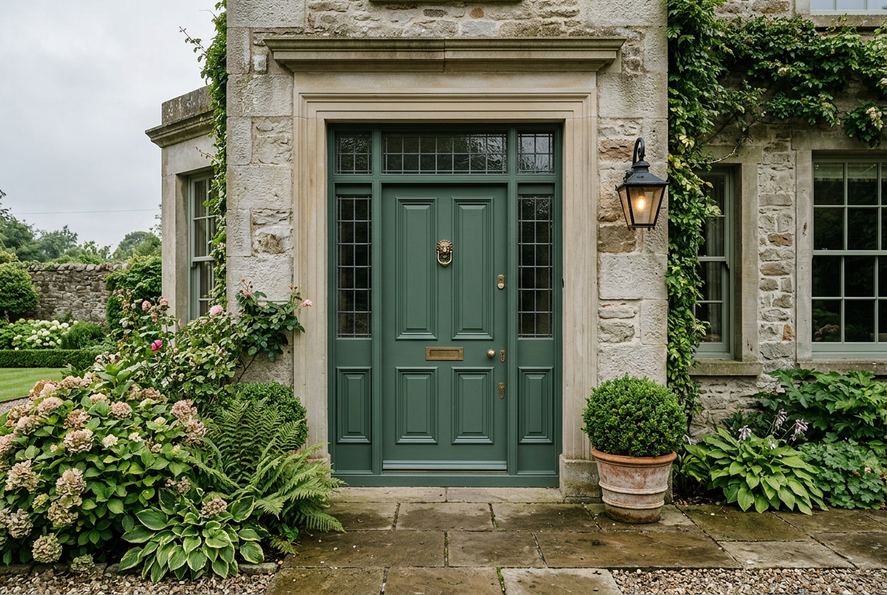 AI-generated exterior inspiration with a deep green front door and matching trim