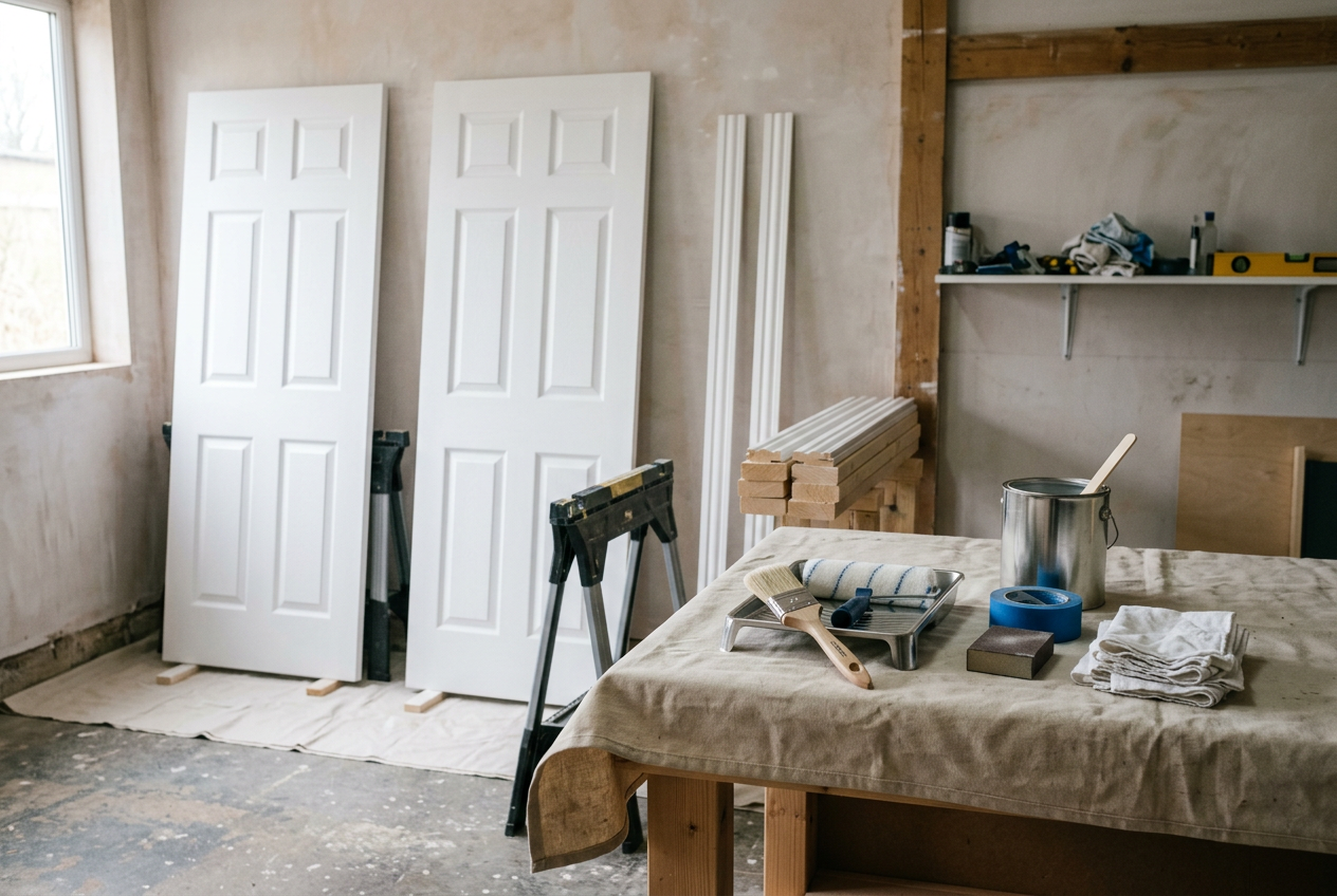 AI-generated decorating preparation inspiration with white primed timber doors and trim