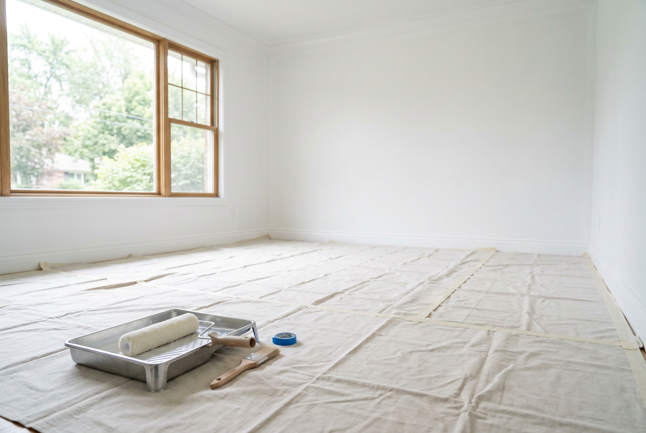 AI-generated decorating preparation scene with white primed walls and protected floor