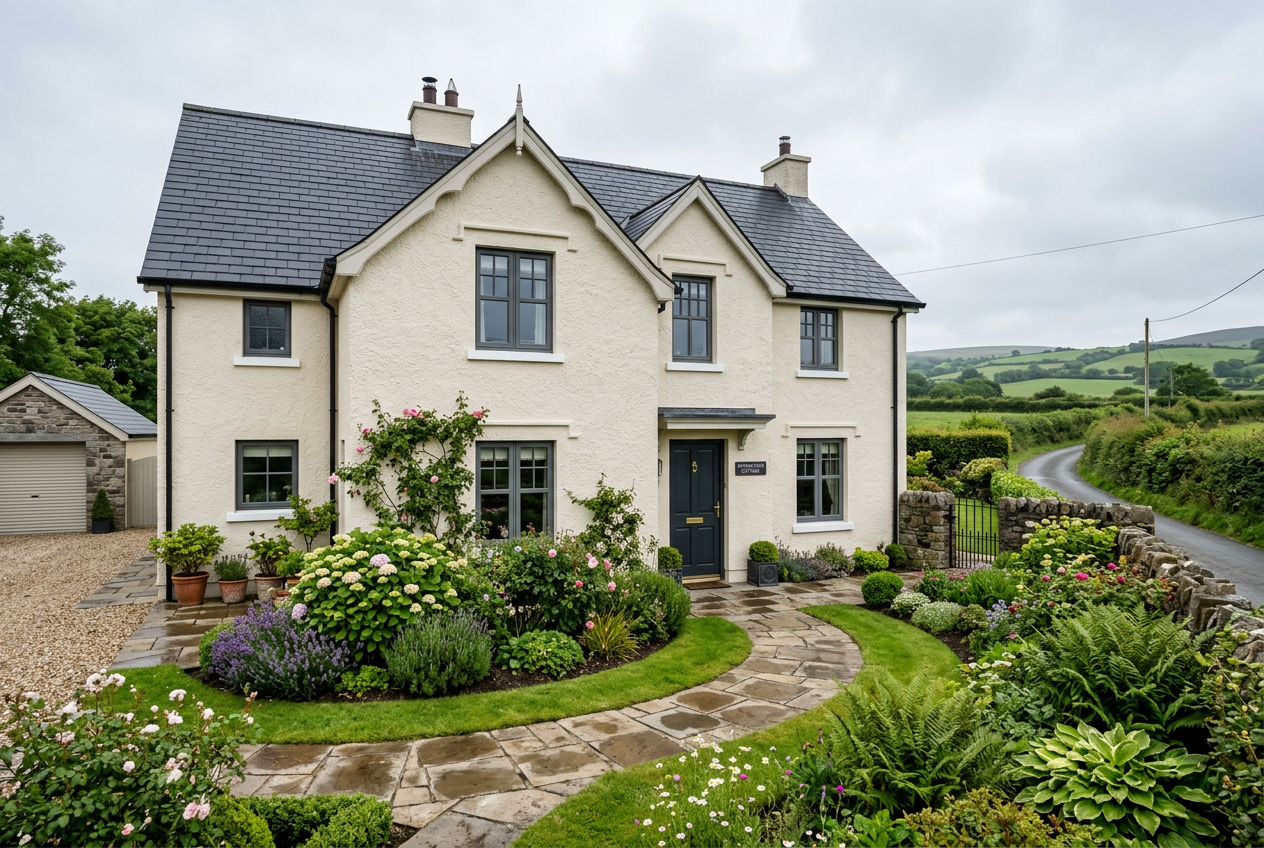AI-generated house exterior inspiration with warm off-white painted rendered walls