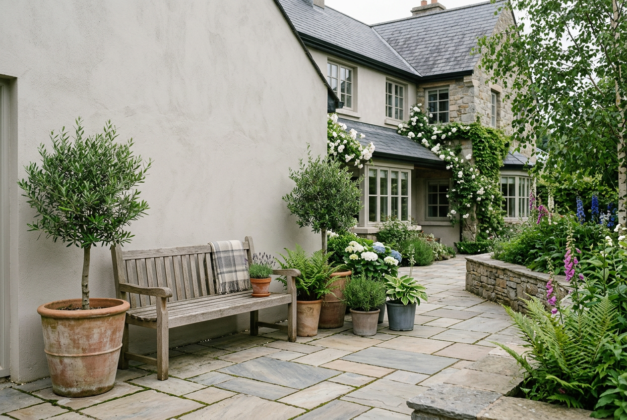 AI-generated courtyard inspiration with pale grey painted rendered wall