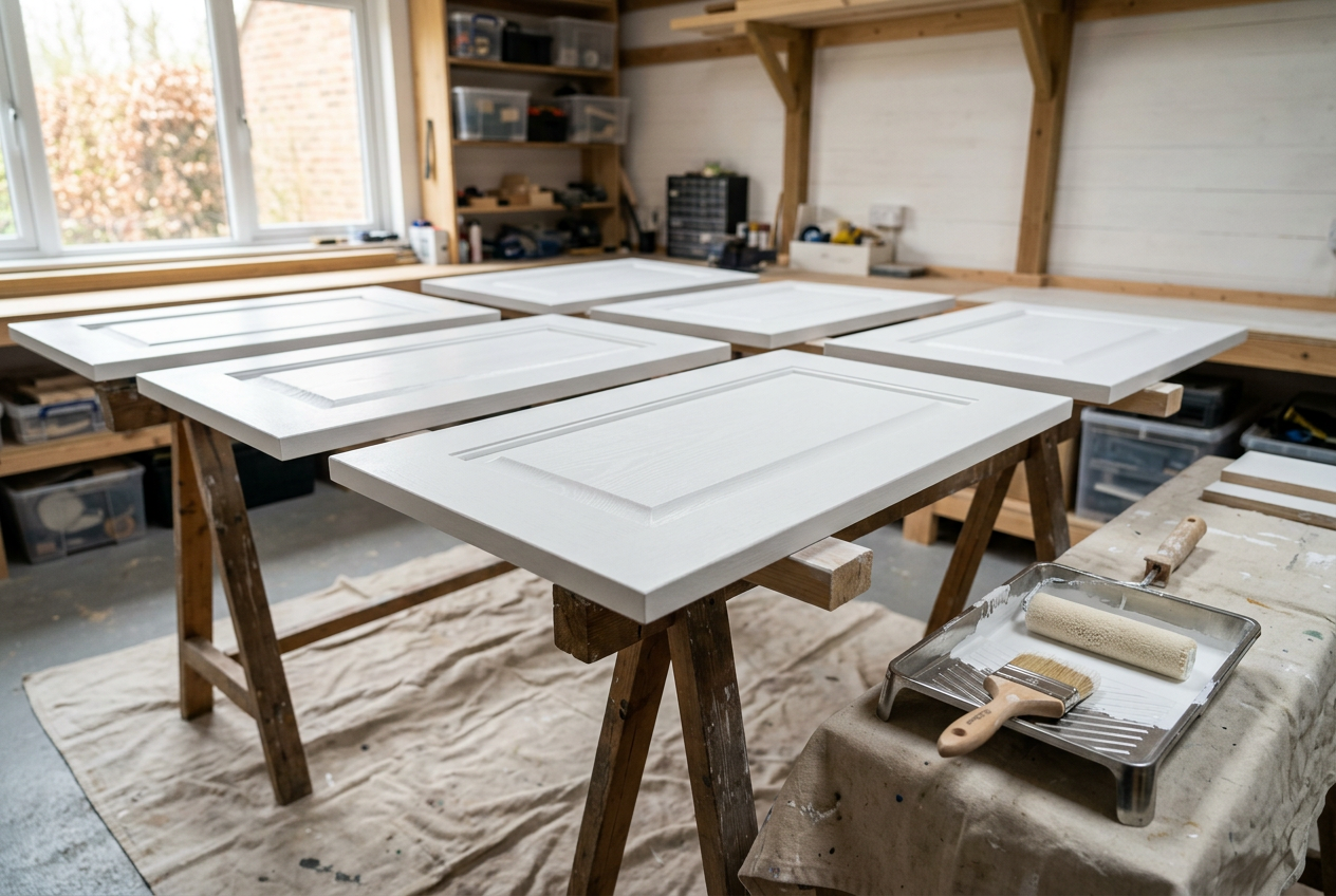 AI-generated preparation scene with white primed cabinet doors on trestles