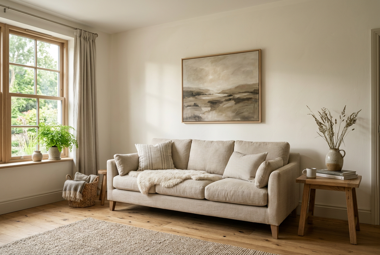 AI-generated living room inspiration with warm off-white walls