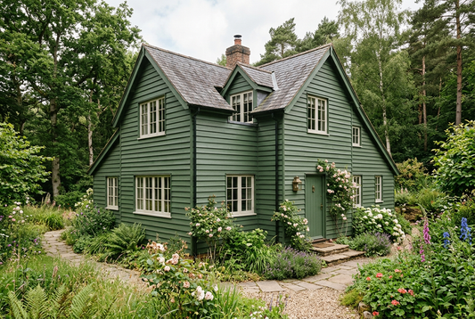 AI-generated green timber-clad cottage inspiration, not an exact colour or verified Ultra Classic application