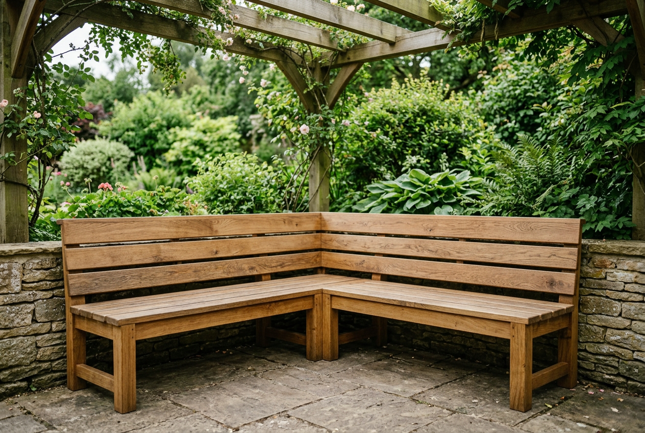 AI-generated exterior timber seating inspiration, not a verified Unica application or protection demonstration
