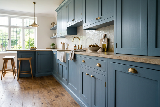 AI-generated dusty blue satin kitchen cupboard inspiration, not an exact colour or verified application