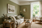 AI-generated living room inspiration with muted olive matt walls, not a verified product application